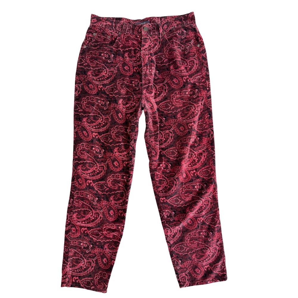 Vintage 90s Velvet Corduroy Jeans Womens 14 Red Paisley Indie Boho Dark Academia